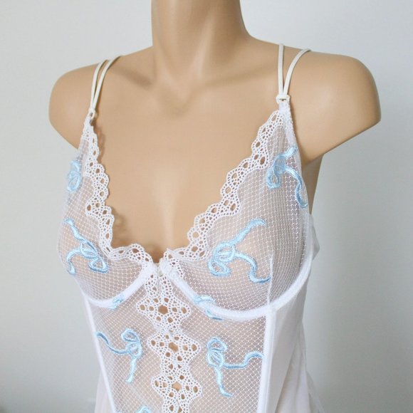 Fredericks of Hollywood Bustier Size 38 Garter Straps White Blue Ribbons B49 - Picture 5 of 14